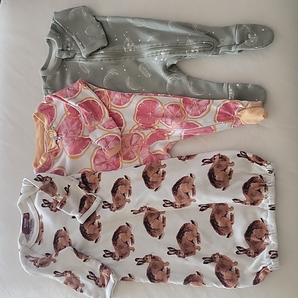 Organic cotton 0-3 month jammies, Burts Bees, MilkBarn, Owlivia